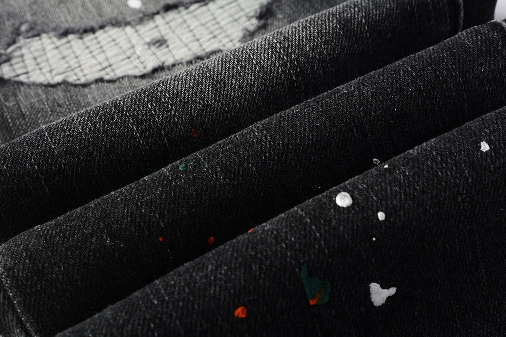 PURPLE  Men Streetwear Skinny Jeans Dark Gray Wash with Distressed Rips and Multi-Color Paint Splatter 9018