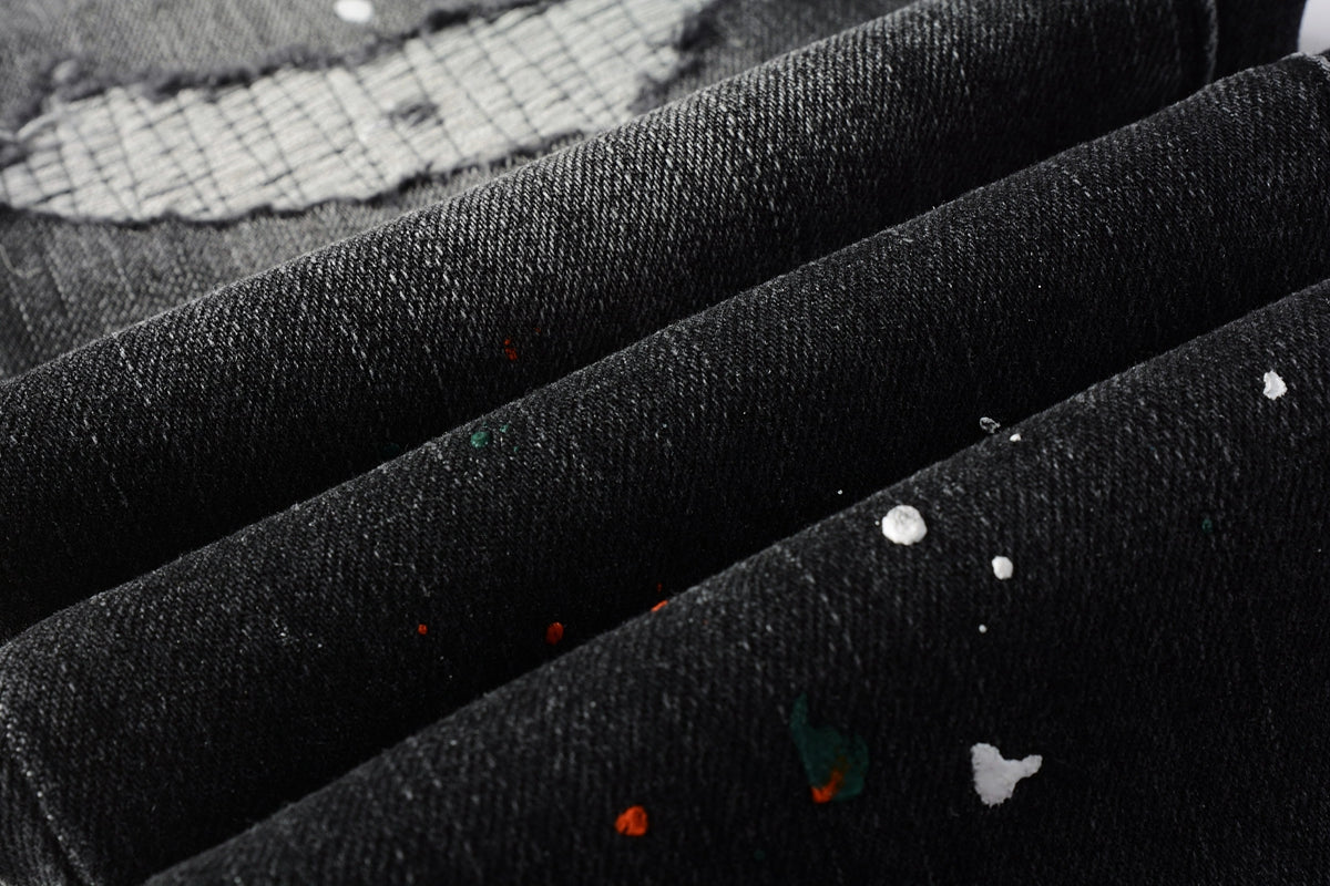 PURPLE  Men Streetwear Skinny Jeans Dark Gray Wash with Distressed Rips and Multi-Color Paint Splatter 9018