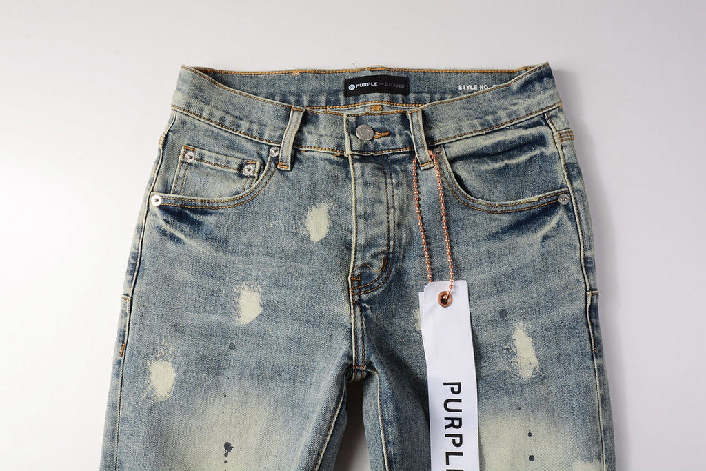 PURPLE   Men Streetwear Jeans Distressed Light Blue Paint Dot Ripped skinny 9092