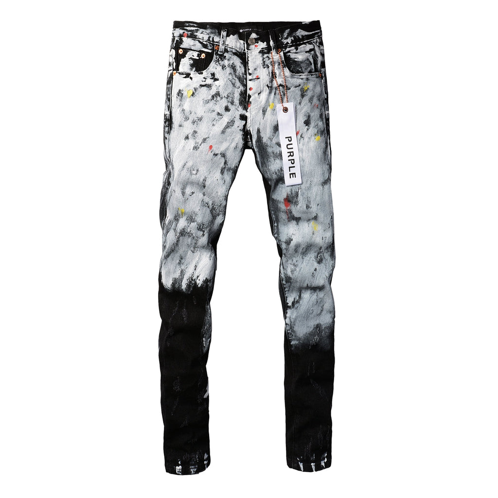 PURPLE  Men Streetwear Skinny Jeans Black and White Graffiti Wash with Multi - Color Paint Accents 9020