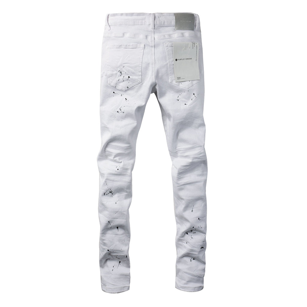 PURPLE   Men Streetwear Skinny Jeans White Wash with Black Paint Splatter and Distressed Rip 9021