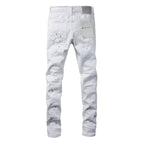 PURPLE   Men Streetwear Skinny Jeans White Wash with Black Paint Splatter and Distressed Rip 9021