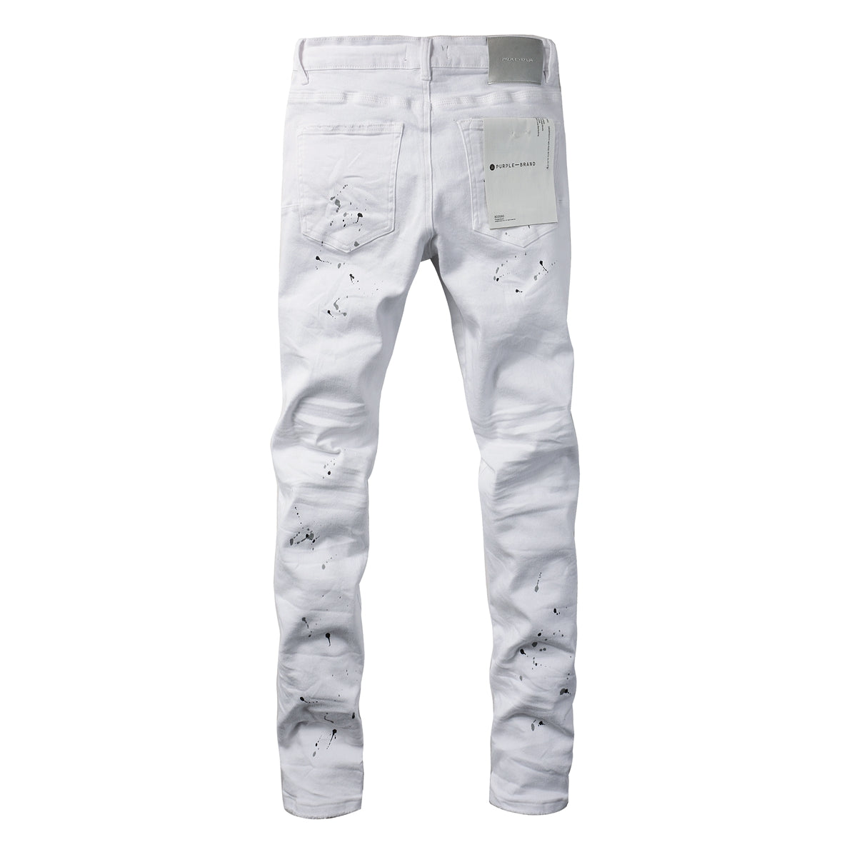 PURPLE   Men Streetwear Skinny Jeans White Wash with Black Paint Splatter and Distressed Rip 9021