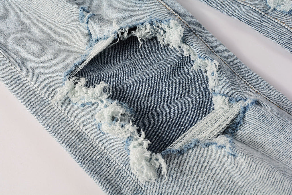 PURPLE   Men Streetwear Skinny Jeans Light Blue Wash with Knee Ripped Details and Black Lining 9010