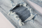PURPLE   Men Streetwear Skinny Jeans Light Blue Wash with Knee Ripped Details and Black Lining 9010