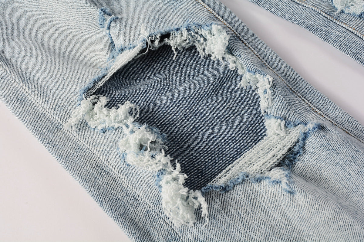 PURPLE   Men Streetwear Skinny Jeans Light Blue Wash with Knee Ripped Details and Black Lining 9010