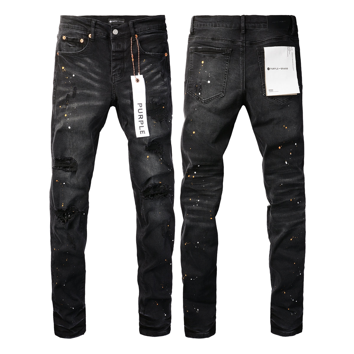 PURPLE  Mens Jeans - Distressed Black Denim with Knee Slit and Ripped Hole 9045