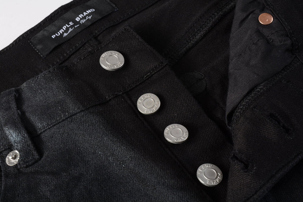 PURPLE  Men Streetwear Skinny Jeans Black Wash with Subtle Sheen and Tag Accent 9082