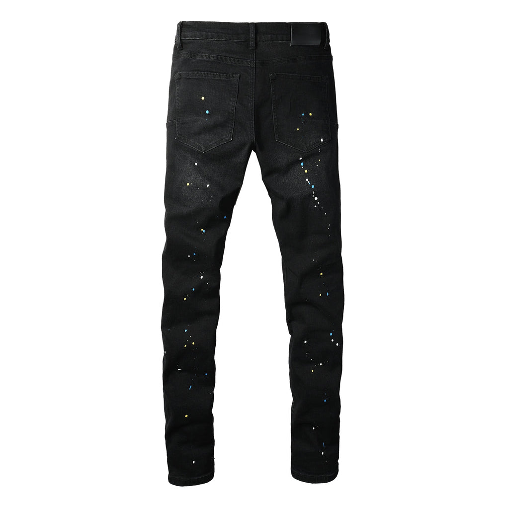 PURPLE  Men Streetwear Skinny Jeans Black Wash with Distressed Details and Multi - Color Paint Splash 9121
