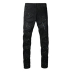 PURPLE  Men Streetwear Skinny Jeans Black Wash with Distressed Details and Multi - Color Paint Splash 9121