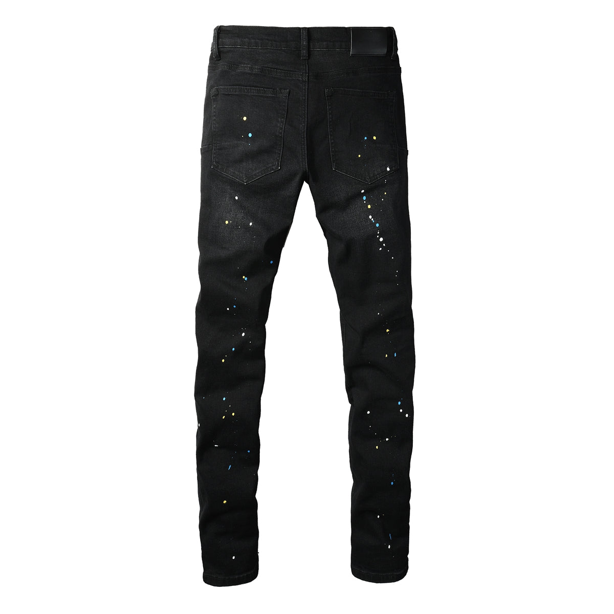 PURPLE  Men Streetwear Skinny Jeans Black Wash with Distressed Details and Multi - Color Paint Splash 9121