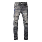 PURPLE  Men Streetwear Distressed Grey Skinny Jeanswith Color Paint Splatter and Knee Rips 9107
