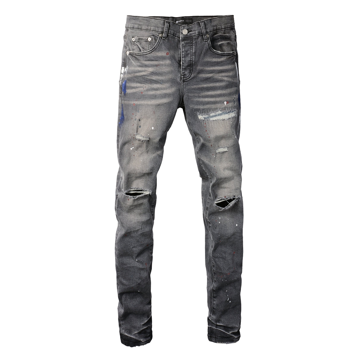 PURPLE  Men Streetwear Distressed Grey Skinny Jeanswith Color Paint Splatter and Knee Rips 9107