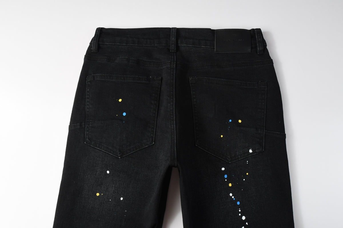 PURPLE  Men Streetwear Skinny Jeans Black Wash with Distressed Details and Multi - Color Paint Splash 9121