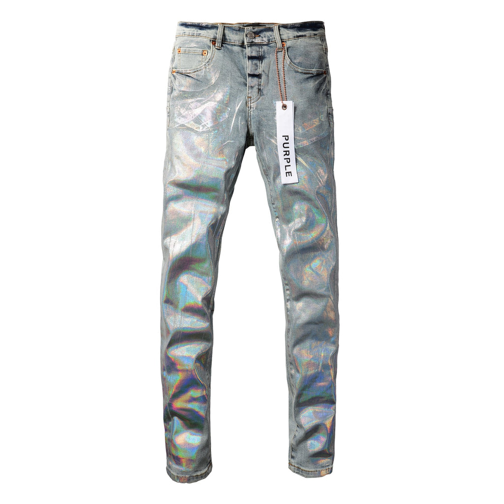 PURPLE   Men Streetwear Skinny Jeans Light Blue Wash with Holographic Iridescent Finish 9005
