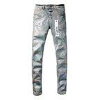 PURPLE   Men Streetwear Skinny Jeans Light Blue Wash with Holographic Iridescent Finish 9005