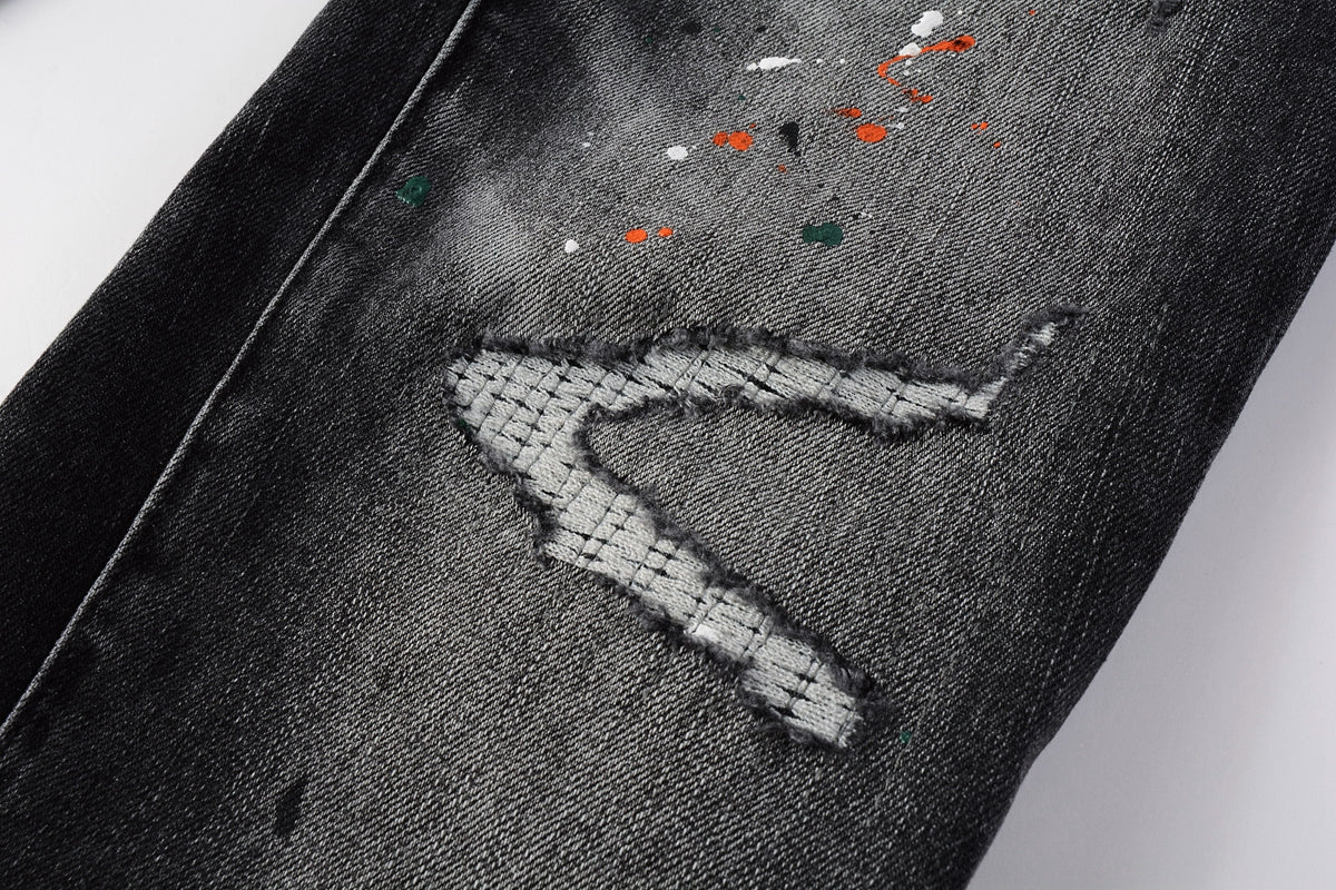 PURPLE  Men Streetwear Skinny Jeans Dark Gray Wash with Distressed Rips and Multi-Color Paint Splatter 9018