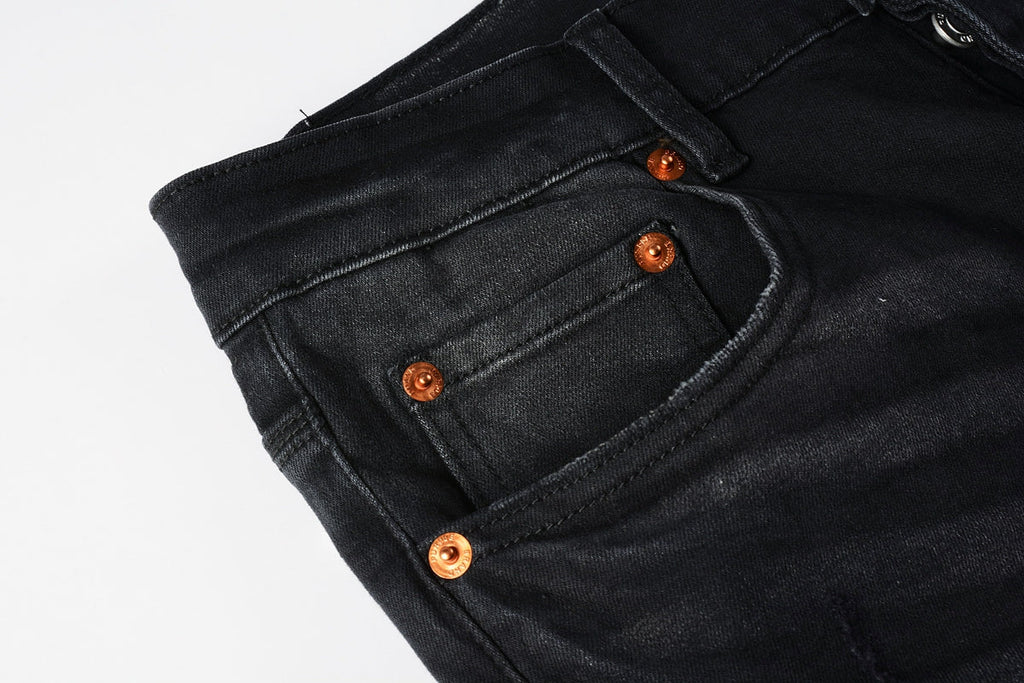 PURPLE   Men Streetwear Skinny Jeans Black Fade Wash with White Paint Splatter and Distressed Rips 9002