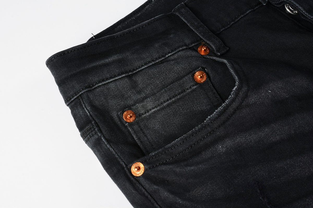 PURPLE   Men Streetwear Skinny Jeans Black Fade Wash with White Paint Splatter and Distressed Rips 9002