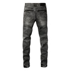 PURPLE  Men Classic Streetwear Jeans Distressed Grey Ripped skinny Fit 9103