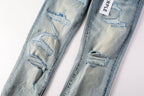 PURPLE   Men Streetwear Skinny Jeans Light Blue Wash with Subtle White Pattern Wash 9013