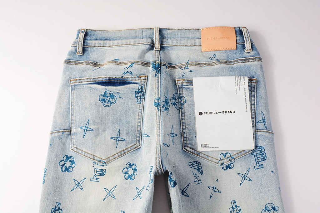 PURPLE  Men Streetwear Skinny Jeans Light Blue Wash with White Paint Brush Strokes 9063