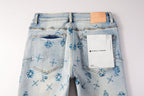 PURPLE  Men Streetwear Skinny Jeans Light Blue Wash with White Paint Brush Strokes 9063