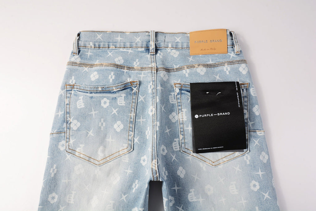 PURPLE  Men Streetwear Skinny Jeans Light Blue Wash with All - Over Pattern Print 9089