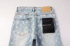 PURPLE  Men Streetwear Skinny Jeans Light Blue Wash with All - Over Pattern Print 9089