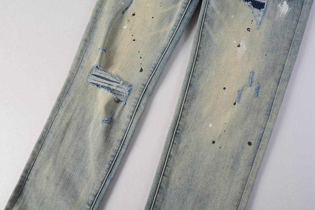 PURPLE  Men Streetwear Skinny Jeans Light Blue Wash with White Paint Splatter and Distressed Rips 9007