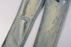PURPLE  Men Streetwear Skinny Jeans Light Blue Wash with White Paint Splatter and Distressed Rips 9007