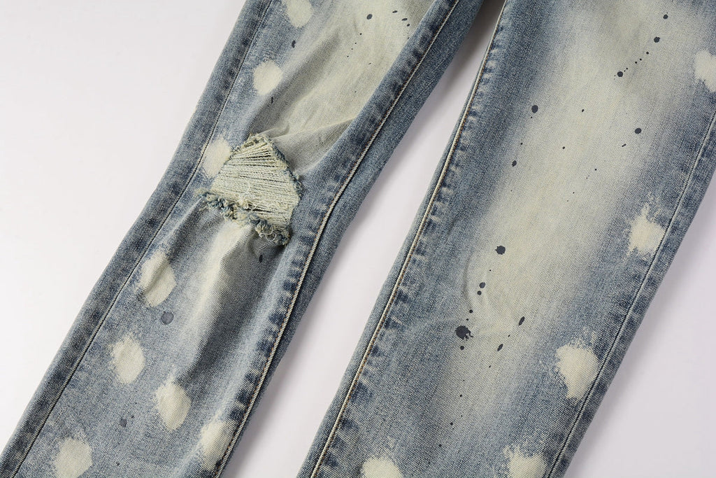 PURPLE   Men Streetwear Jeans Distressed Light Blue Paint Dot Ripped skinny 9092