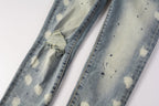PURPLE   Men Streetwear Jeans Distressed Light Blue Paint Dot Ripped skinny 9092