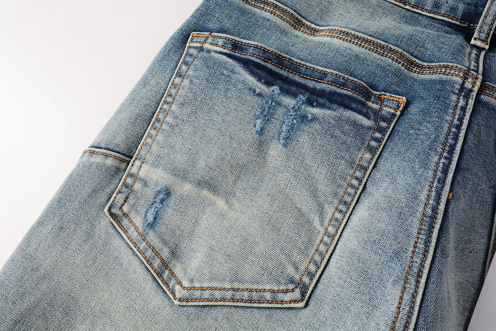 PURPLE   Men Streetwear Skinny Jeans Light Blue Wash with Subtle White Pattern Wash 9013