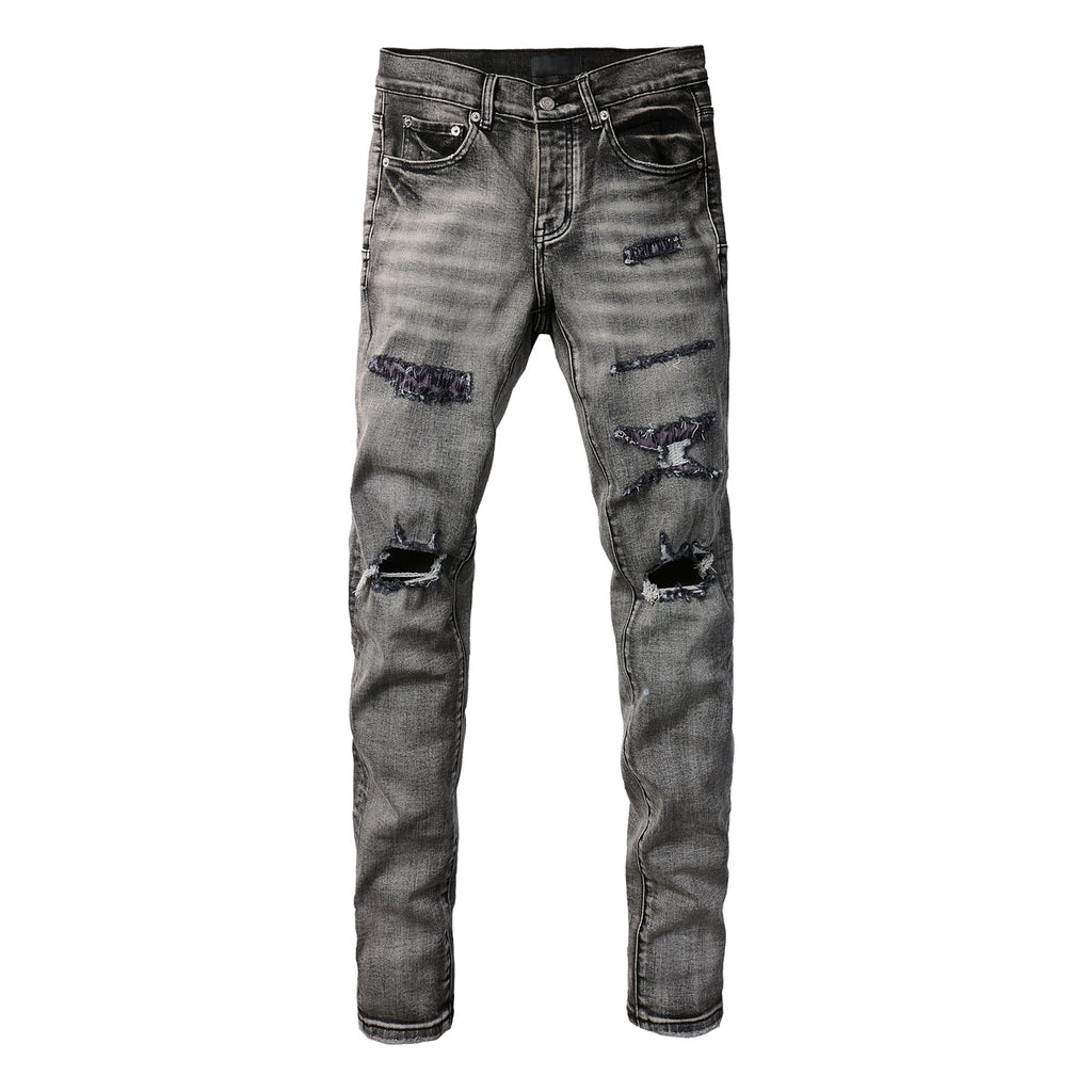 PURPLE  Men Classic Streetwear Jeans Distressed Black Grey Ripped skinny 9068