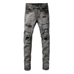 PURPLE  Men Classic Streetwear Jeans Distressed Black Grey Ripped skinny 9068