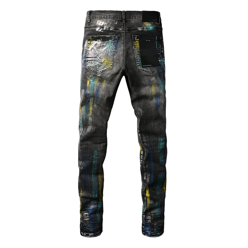 PURPLE  Men Streetwear Skinny Jeans Black Wash with Colorful Graffiti Paint Splash 9078