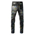 PURPLE  Men Streetwear Skinny Jeans Black Wash with Colorful Graffiti Paint Splash 9078