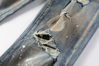 PURPLE   Men Streetwear Skinny Jeans Light Blue Wash with Distressed Rips and White Paint Splatter 9012