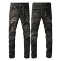 PURPLE  Men Streetwear Skinny Jeans Dark Gray Wash with Multi - Color Patched Distressed Details 9080