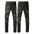 PURPLE  Men Streetwear Skinny Jeans Dark Gray Wash with Multi - Color Patched Distressed Details 9080