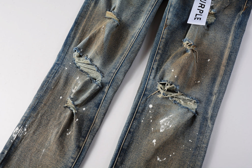 PURPLE   Men Streetwear Skinny Jeans Light Blue Wash with Distressed Rips and White Paint Splatter 9012
