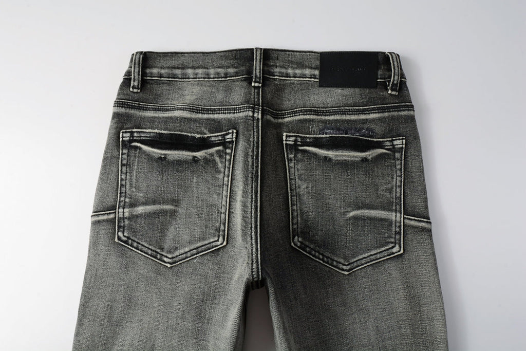 PURPLE  Men Classic Streetwear Jeans Distressed Black Grey Ripped skinny 9068