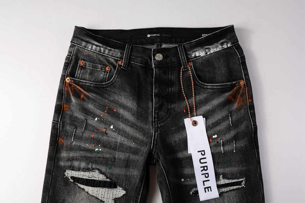 PURPLE  Men Streetwear Skinny Jeans Dark Gray Wash with Distressed Rips and Multi-Color Paint Splatter 9018