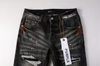 PURPLE  Men Streetwear Skinny Jeans Dark Gray Wash with Distressed Rips and Multi-Color Paint Splatter 9018