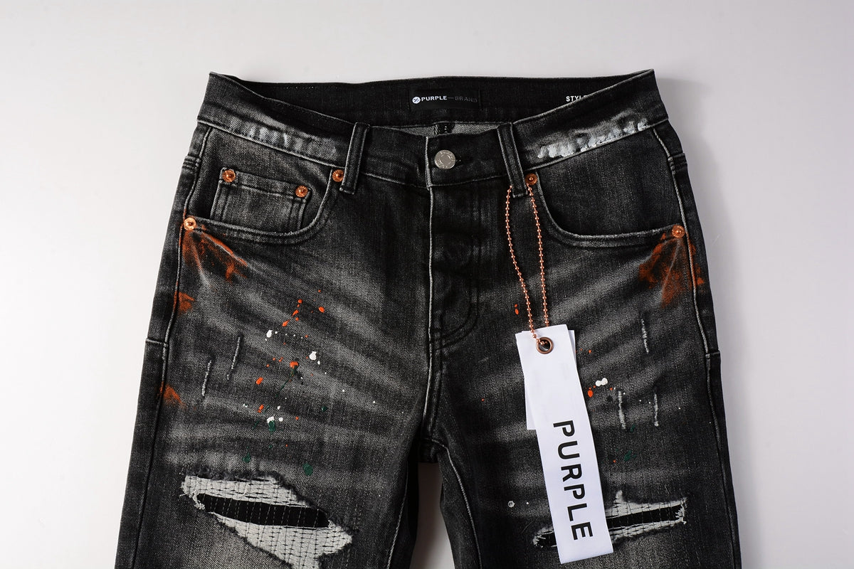 PURPLE  Men Streetwear Skinny Jeans Dark Gray Wash with Distressed Rips and Multi-Color Paint Splatter 9018