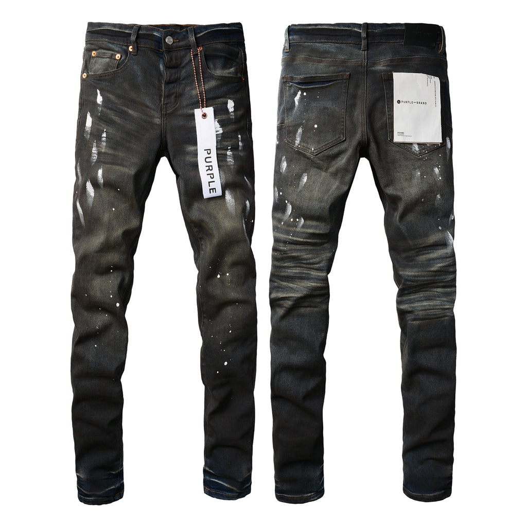 PURPLE  Men Streetwear Skinny Jeans Dark Gray Wash with White Paint Splatter and Brush Strokes 9036