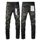 PURPLE  Men Streetwear Skinny Jeans Dark Gray Wash with White Paint Splatter and Brush Strokes 9036