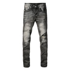 PURPLE  Men Classic Streetwear Jeans Distressed Grey Ripped skinny Fit 9103