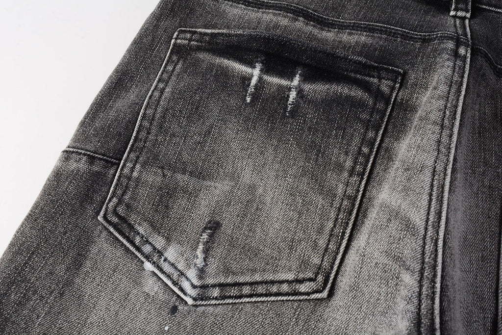 PURPLE  Men Streetwear Skinny Jeans Dark Gray Wash with White Paint Splatter and Distressed Rips 9032